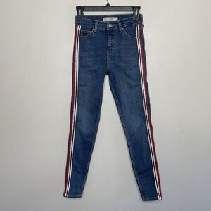 TOPSHOP Skinny Jeans Women 26 Moto Jamie Red Silver Side Stripe Stretch 10" Rise